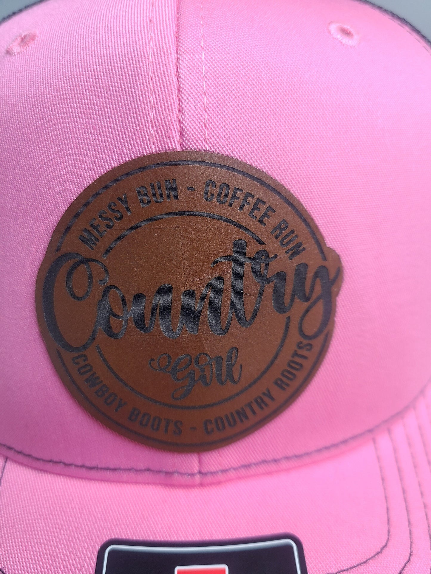 Country Girl Messy Bun Cowboy Boots Leather Patch Richardson 112/115 Trucker Hat