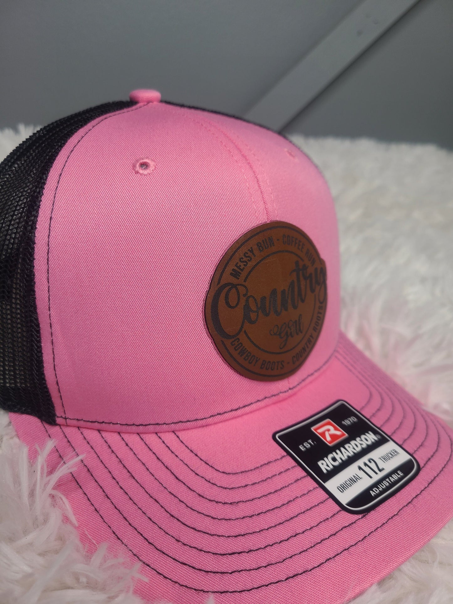Country Girl Messy Bun Cowboy Boots Leather Patch Richardson 112/115 Trucker Hat