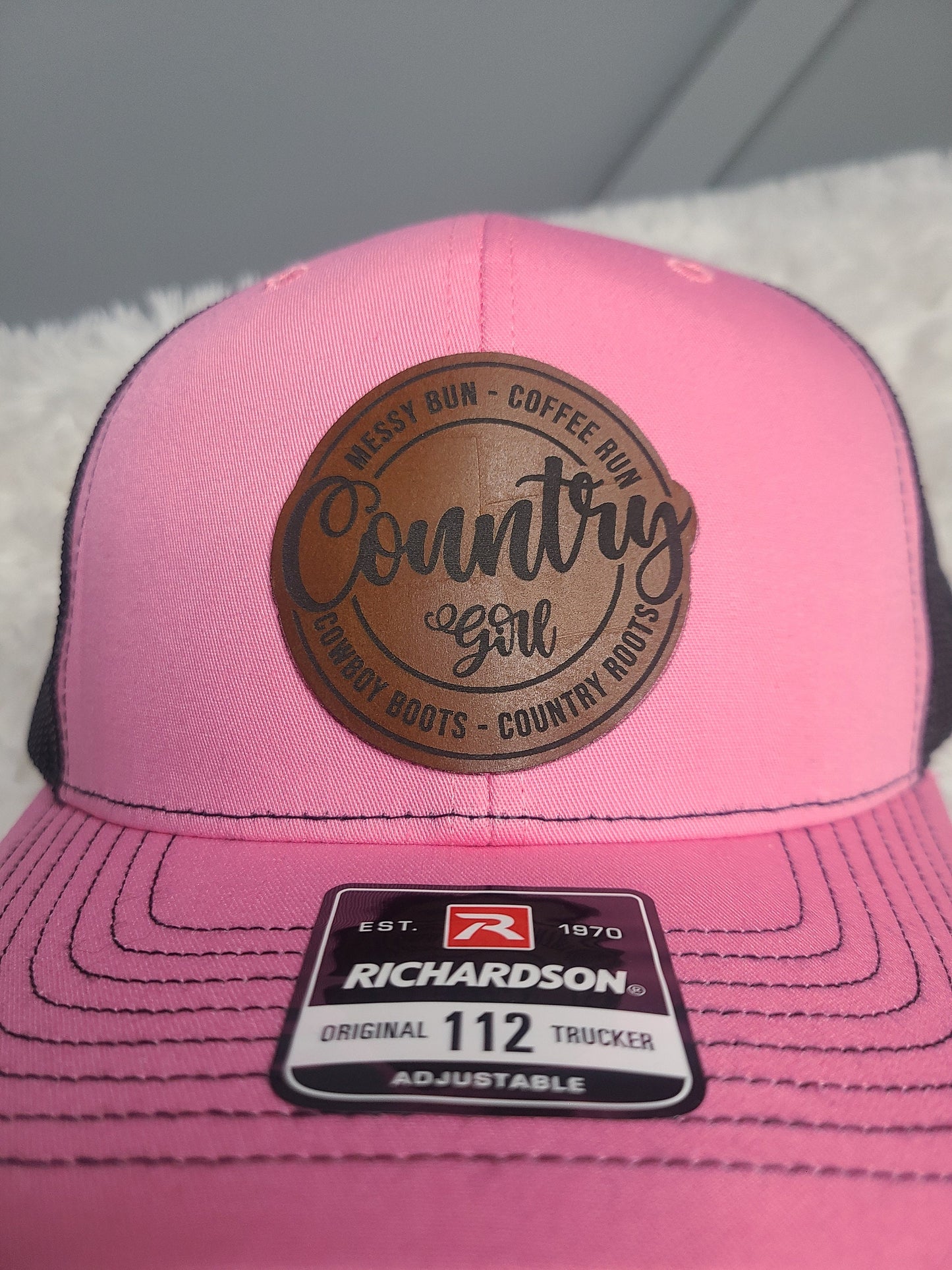 Country Girl Messy Bun Cowboy Boots Leather Patch Richardson 112/115 Trucker Hat